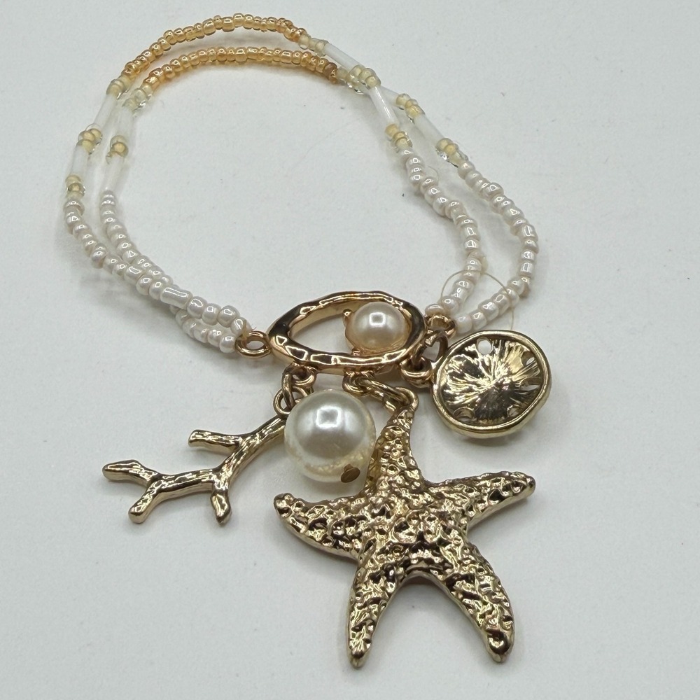 Gold Tone Starfish Coral Sand Dollar Faux Pearl Seed Bead Coastal Charm Bracelet